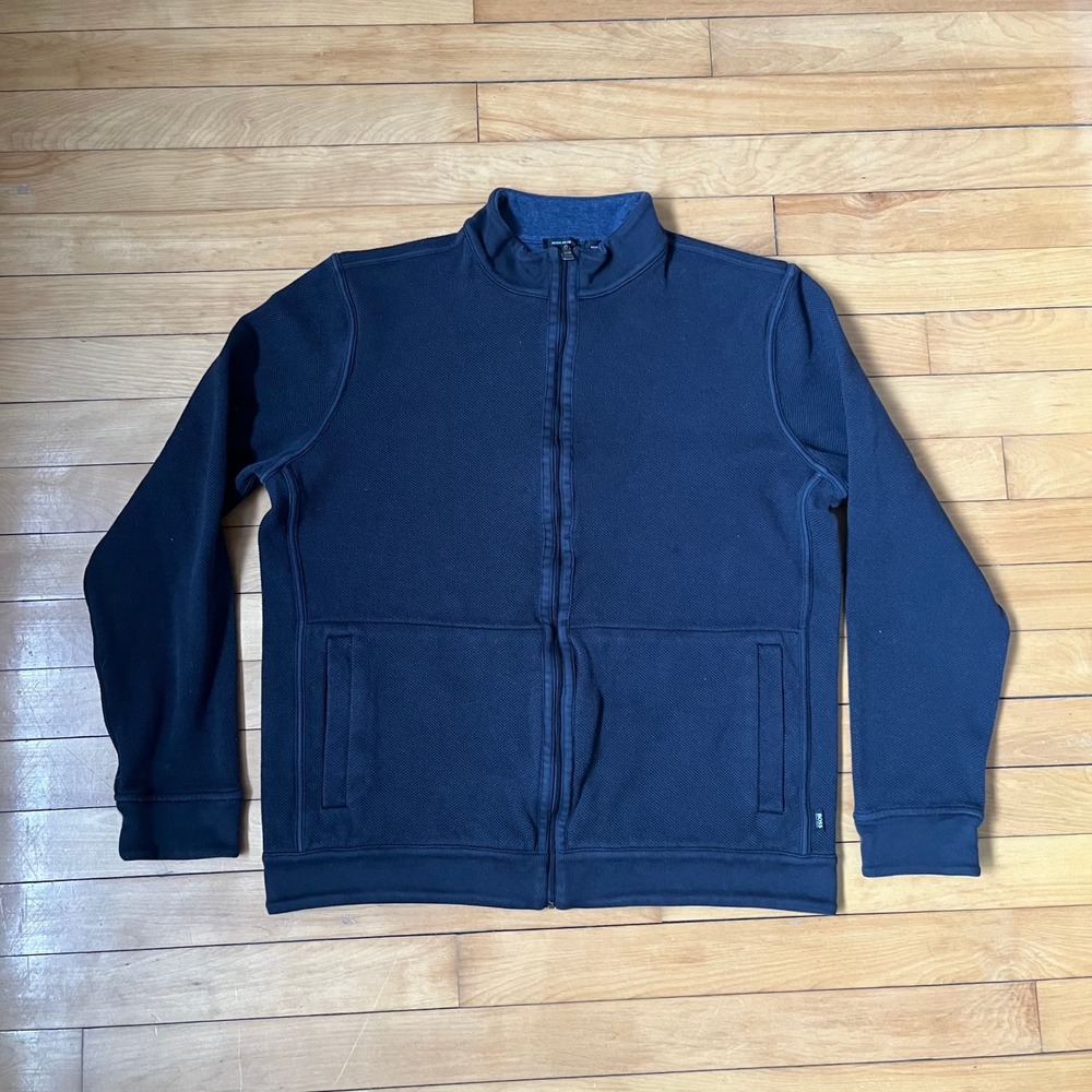 Hugo Boss Mens Navy Blue Textured Full Zip Mock Neck Jacket Regular Fit L